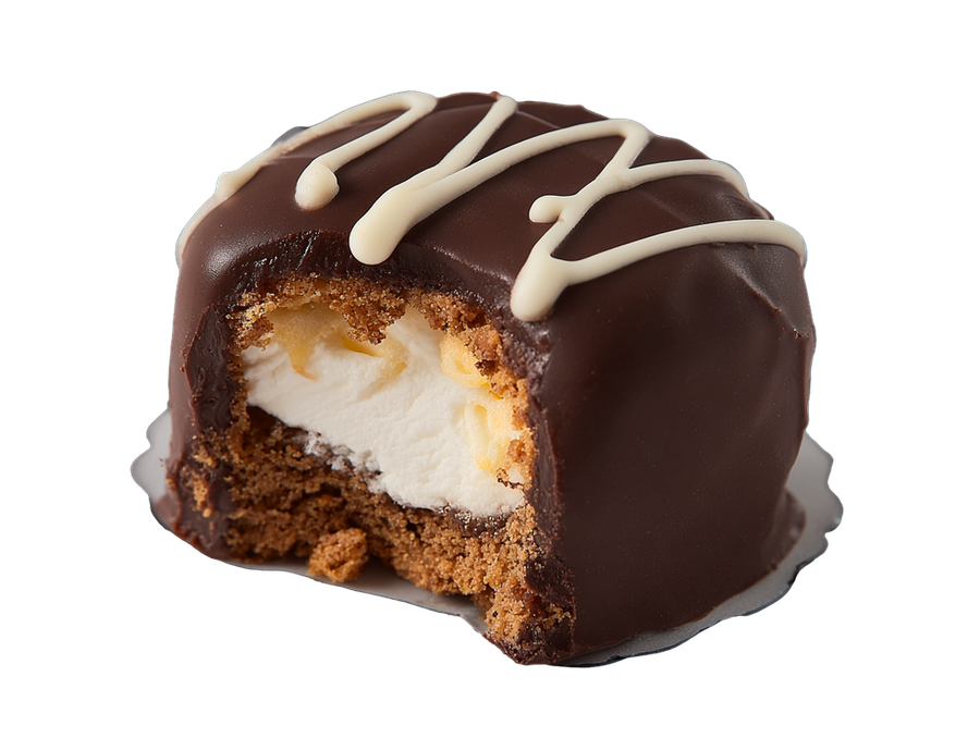 NOLSK chocolate-enrobed bite showing marshmallow and biscuit inside